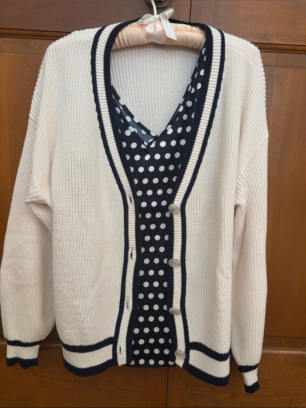 Cream V Neck Cardigan with Navy Borders